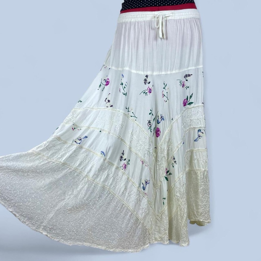 Y2K White/Cream Floral Maxi Skirt - Boho Tiered Drawstring Waist